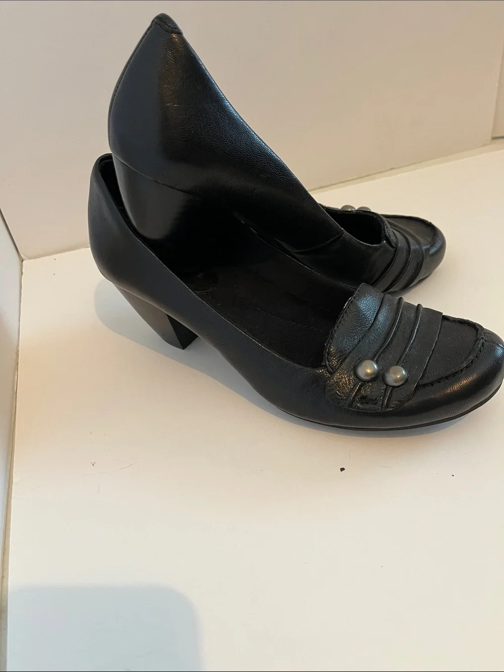 BareTraps Black Leather Mid-Heel Pumps with Stud Detail